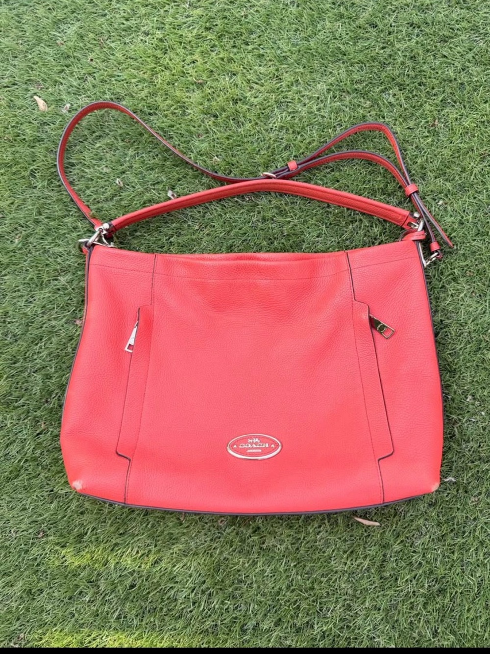Coach Coral-Red Pebbled Leather Shoulder Bag